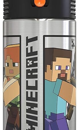 Zak Designs Minecraft Stainless Steel Water Bottle, 15.5 oz | One Hand Operation Lid | Built-in Carrying Loop | Straw Spout | Perfect for Kids | 18/8 Stainless Steel | BPA-Free