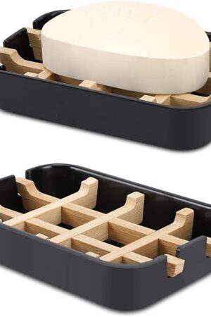 Bamboo Wooden Soap Dishes for Shower with Drainage for Bathroom Bar Soap Holder Soap Holder Sink Deck Bathtub Shower Tray (One Pieces Black)