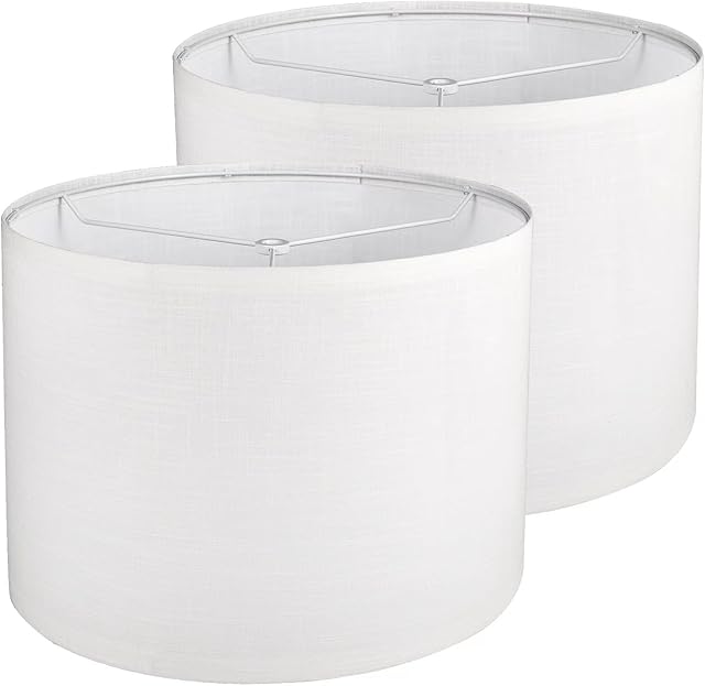 Drum Lamp shades Set of 2, White Line Lamp Shades for Table Lamps Floor Lamp, 13" Top X 13" Bottom X 10" High Large Fabric Lamp Shades, Easy Assembly Replacement Lampshades