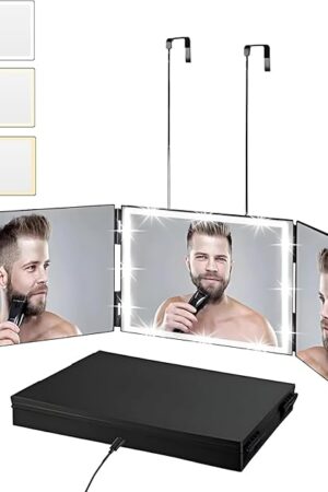 Vanexiss Rechargeable 3 Way Mirror for Hair Cutting, Real Glass Adjustable Trifold Mirror with 3 Color Temps LED Light & Telescoping Hooks for Makeup, Shaving & Styling