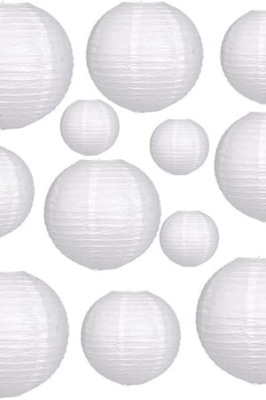 12Pcs White Paper Lanterns - Chinese Japanese Round Hanging Lamp for Wedding, Bridal, Outdoor, Garden, Home, Party Decorations (Size of 6", 8", 10", 12")