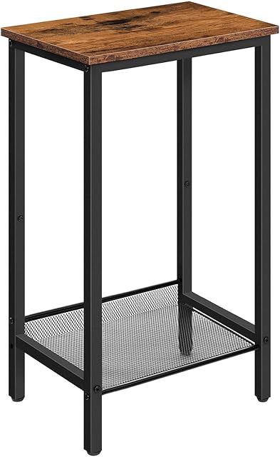 HOOBRO Tall Side Table, Industrial End Telephone Table with Adjustable Mesh Shelves, for Living Room, Bedroom, Entryway, Office, Rustic Brown and Black BF03DH01