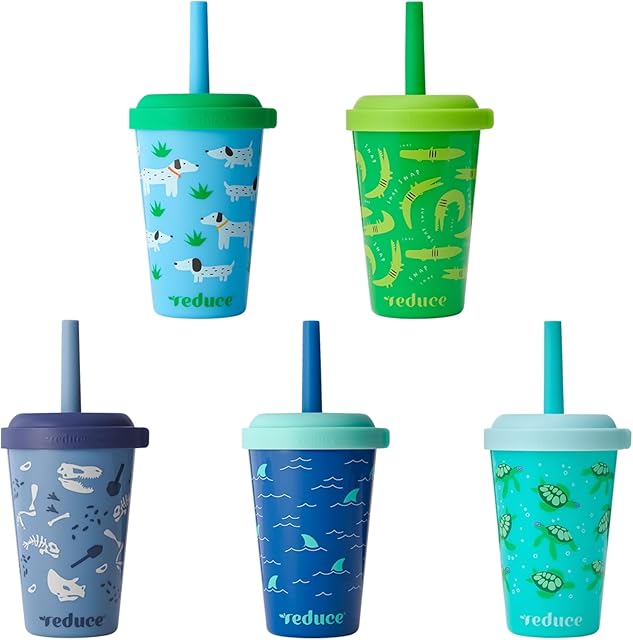 REDUCE GoGo's 5 Pack Kids Portable Tumbler Cups with Lids, 12 oz | Spill-Proof Straws | Stackable Tumblers | Twist-On Lids | Easy Storage | Dishwasher Safe | Scavenger Boy Set