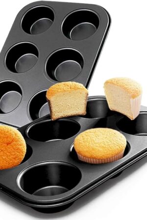 2 Packs Premium Steel Muffin Pan for Baking, Round Muffin Baking Pan, Baking Tray for Muffins, Cupcakes, Brownie(Black, 6 Cup)