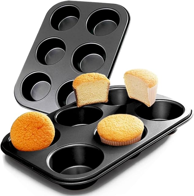 2 Packs Premium Steel Muffin Pan for Baking, Round Muffin Baking Pan, Baking Tray for Muffins, Cupcakes, Brownie(Black, 6 Cup)