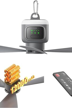 18 Inch Canopy Fan,12000mAh Portable Outdoor Ceiling Fan with Light with Remote Control and Hanging Hook, Easy Operation Battery Powered Fan Light for Gazebo, Tent, Patio, Camping