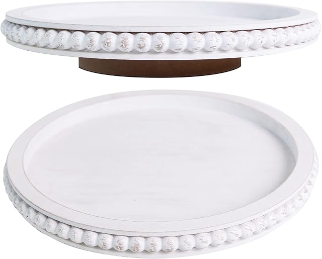 HPC Decor 12Inch Beaded Lazy Susan- Wooden Lazy Susan Organizer for Farmhouse Table Decor, Round Turntable for Table Cabinet,Countertop- Kitchen Turntable 360 Degrees Rotating Table Spinning Tray.