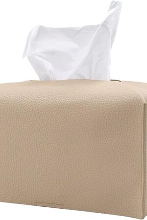 1PC Extra Large Rectangle Tissue Box Cover, PU Leather Rectangular Tissue Box Holder with Bottom Belt Plus Size Tissue Box Organizer for Bathroom/Car/Hotel/Office (9.5โโx5โโx5โโ, Beige)