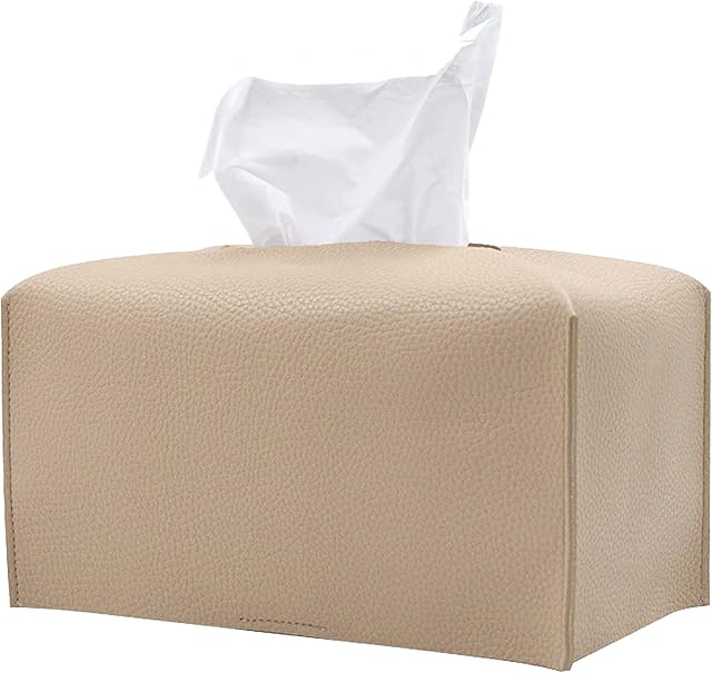1PC Extra Large Rectangle Tissue Box Cover, PU Leather Rectangular Tissue Box Holder with Bottom Belt Plus Size Tissue Box Organizer for Bathroom/Car/Hotel/Office (9.5’’x5’’x5’’, Beige)