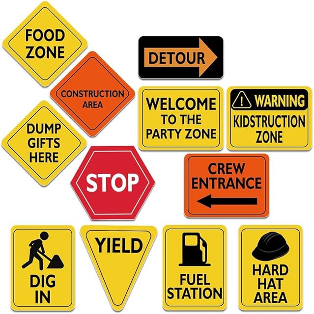 WERNNSAI Construction Party Decorations - 12 PCS Construction Birthday Party Supplies for Boys Kids Truck Birthday Cutouts Traffic Road Signs for Under Construction Party Baby Shower Decorations