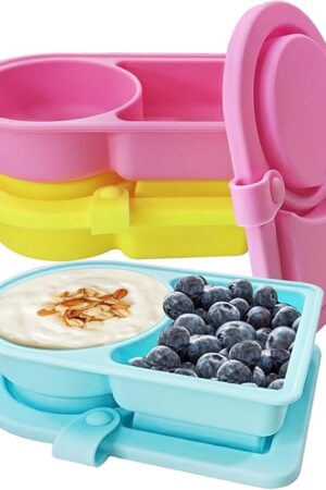 3 Pack Small Silicone Snack Containers with Lids, Reusable Food Storage Containers, Salad Dressing Container, Mini Double Compartment Snackle Box Container for Office, Picnic, School