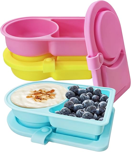3 Pack Small Silicone Snack Containers with Lids, Reusable Food Storage Containers, Salad Dressing Container, Mini Double Compartment Snackle Box Container for Office, Picnic, School