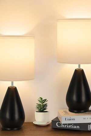 Ceramic Table Lamps Set of 2, Small Black Bedside Lamps for Bedroom Modern Nightstand with 3 Color Temperatures for Living Kid’s Room Reading Office Dorm (2 Bulbs Included)