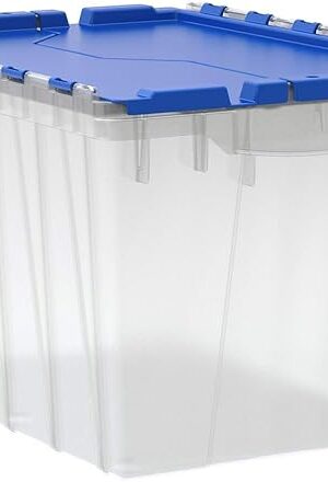 Akro-Mils KeepBox 12 Gallon Storage Container, Nesting and Stackable Plastic Storage Box with Lid Attached, Clear Tote for Garages, Closets, and Moving, 21-1/2" x 15" x 12-1/2", Clear/Blue