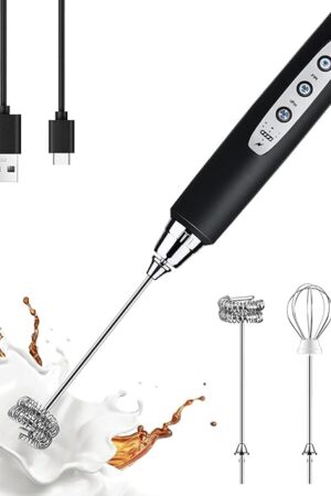 YUSWKO Black Handheld Milk Frother Wand for Coffee, Rechargeable Electric Whisk with 3 Heads 3 Speeds Drink Mixer Coffee Frother For Latte, Cappuccino, Hot Chocolate, Egg