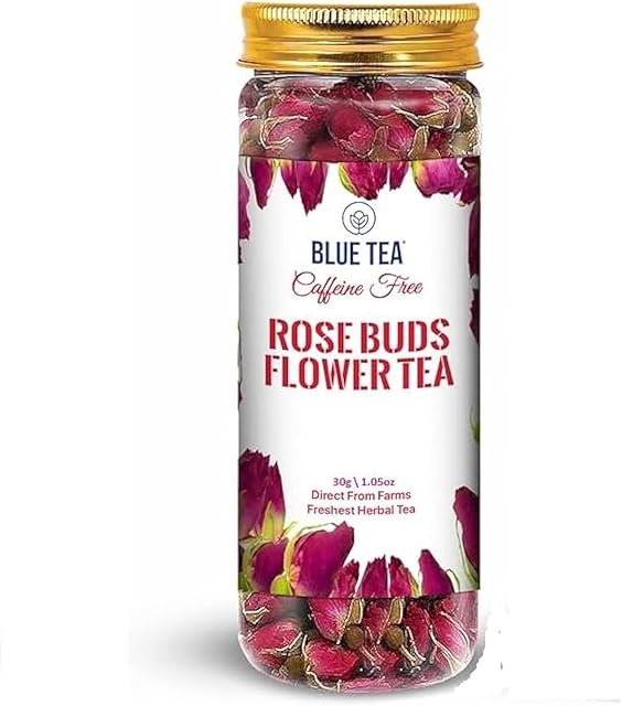BLUE TEA Rose Buds Herbal Tea - 1.06 Ounce - Grade A - DETOX TEA | Caffeine Free | Vegan | GMO-Free | Food Grade Pet Jar