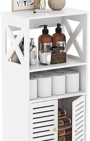 BYFU Bathroom Storage Cabinet, 4-Tier Small Floor Cabinet Freestanding Organizer with Door and Shelf for Living Room Hallway Kitchen Small Space, White