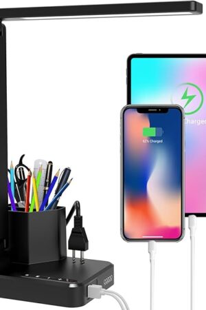 Desk Lamp,Desk Lamps for Home Office,COZOO LED Desk Lamp with 2 USB Charging Ports,2 Pen Holders,1 Outlet,3 Color 3 Brightness Levels,Touch/Memory/Timer,LED Desk Light Small Desk Lamp Kids Study Lamp