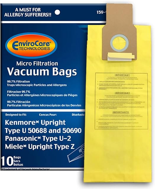 EnviroCare Replacement Vacuum bags for Kenmore Upright Types U/L/O, 50688 and 50690, Panasonic Type U-2, Miele Type Z. 10 pack