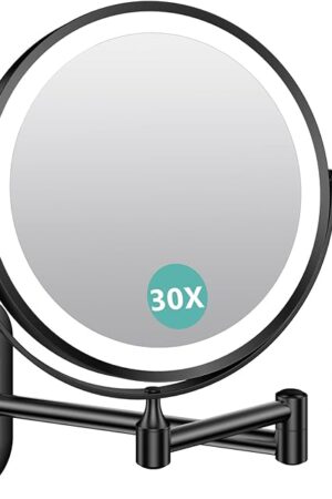 1X/30X Wall Mounted Makeup Mirror with Light, 8" Rechargeable Double-Sided Magnifying Mirror, Vanity Mirror Dimmable 3 Color Light, 360° Extension Rotation Foldable 14.5 Inch Arm, Black