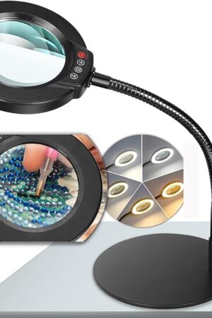 10X Magnifying Glass with Light and Stand, 5 Color Modes Stepless Dimmable LED Lighted Desk Lamp, Hands Free Flexible Gooseneck Magnifier with Light for Craft Hobby Painting Sewing Close Work