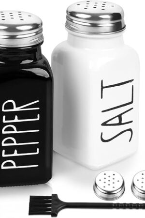 2 Pack Salt and Pepper Shakers Set, Glass Shaker with Stainless Steel Lid, Modern and Cute Farmhouse (Black and White)