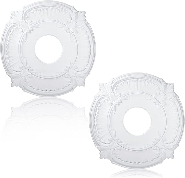 2 Pieces PU Ceiling Medallion Decorative Ceiling Fan Medallion Round Home Lighting for Light Fixtures Chandeliers, 12" od x 3.5" ID(White)
