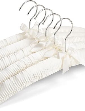 Amber Home 5 Pack 17 Inch Large Ivory Satin Padded Hangers for Women Clothing, Anti Slip Cushioned Hangers for Sweaters, Silk Hangers Fancy Dress Hangers for Wedding, Delicate Cashmere