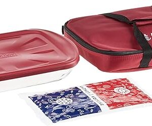 Anchor Hocking Glass Baking Dishes for Oven with Casserole Carrier, 4 Piece Set (3 Quart Glass Baking Dish, Red Lid, Red Thermal Carrier, and Hot/Cold Pack)