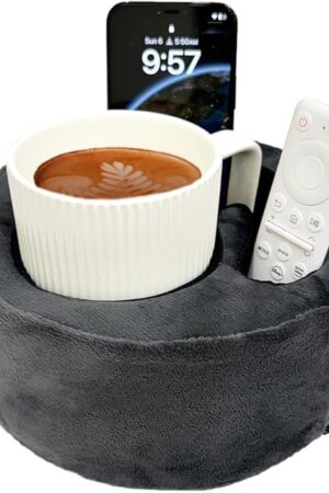 Couch Cup Holder Pillow, Sofa and Bed Organizer Caddy for Drinks, Remotes, Phones (Gray)