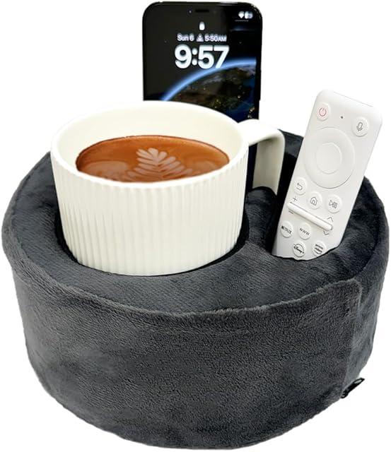 Couch Cup Holder Pillow, Sofa and Bed Organizer Caddy for Drinks, Remotes, Phones (Gray)