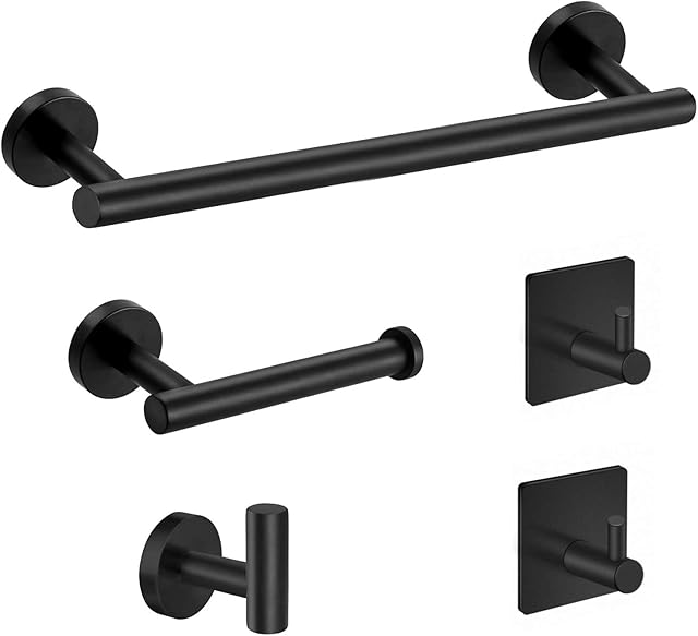 5-Pieces Matte Black Bathroom Hardware Set SUS304 Stainless Steel Round Wall Mounted - Includes 16" Hand Towel Bar, Toilet Paper Holder, 3 Robe Towel Hooks,Bathroom Accessories Kit