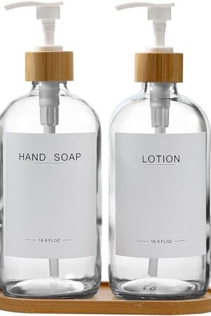 Clear Glass Soap Dispenser with Bamboo Pumps&Tray&Labels, Hand Dispenser, Lotion Dispenser, Dish Soap Dispenser for Kitchen Sink. (Clear)