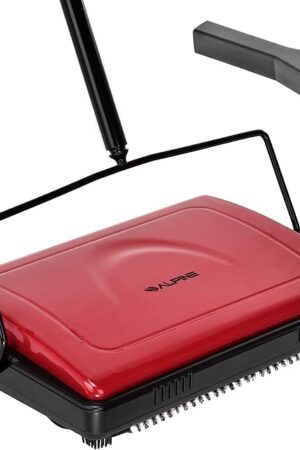 Alpine Manual Carpet Sweeper Triple Brush – Non Electric Multi-Surface Floor Cleaner Easy Sweeping for Carpeted Floors (Red -Updated)