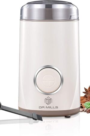 DR MILLS DM-7441 Coffee Grinder Electric, Coffee Bean and Dried Spice Grinder, One Touch Operation, Blade and cup made with SUS304 stainless steel (White)