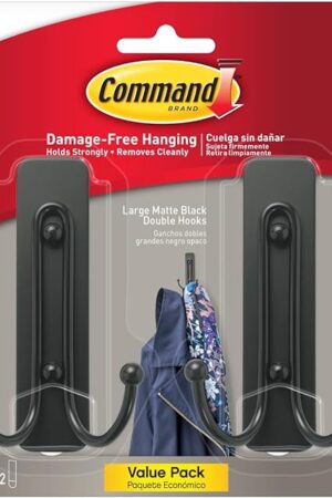 Command Large Matte Black Double Hooks, 2 Hooks and 2 Command Strips, Damage Free Hanging Wall Hooks with Adhesive Strips, No Tools Coat Hooks for Hanging Home Decor, Holds up to 4 lb