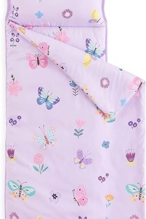 Wake In Cloud - Toddler Nap Mat with Pillow and Blanket, for Kids Girls in Kindergarten Daycare Preschool Pre K, Roll Up Sleeping Bag, Cute Butterfly Flowers, Purple, Standard