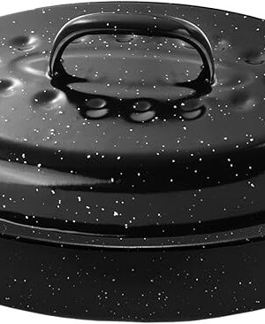 13Inch Roasting Pan, Enamel on Steel, Black Covered Oval Roaster Pan with Lid, Small Cookware for Turkey, Small Chicken, Roast Baking Pan.