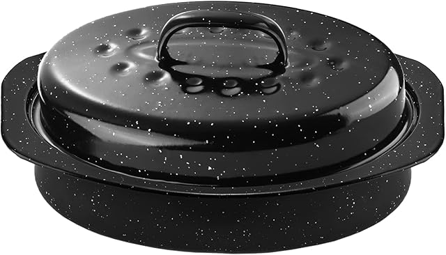 13Inch Roasting Pan, Enamel on Steel, Black Covered Oval Roaster Pan with Lid, Small Cookware for Turkey, Small Chicken, Roast Baking Pan.