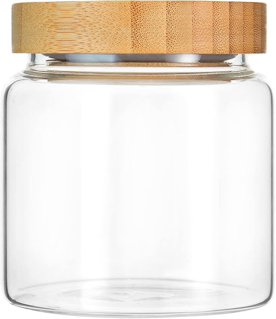 480 ml / 16 oz clear cute glass storage canister holder with airtight bamboo lid, modern decorative small container jar for coffee, spice, candy, salt, cookie, condiment, pepper, sugar