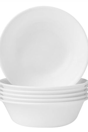 Corelle Vitrelle 6-Piece Soup/Cereal Bowl Set Triple Layer Glass and Chip Resistant, 18-Oz Lightweight Round Bowls, Winter Frost White