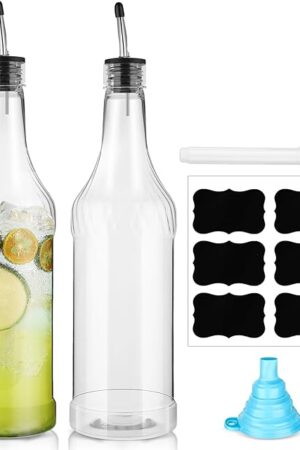 Dandat 4-Piece 32 oz Plastic Long Neck Bottles with Pourer and Caps | Stainless Steel Spout | For Liquor and Juice | Silver Finish