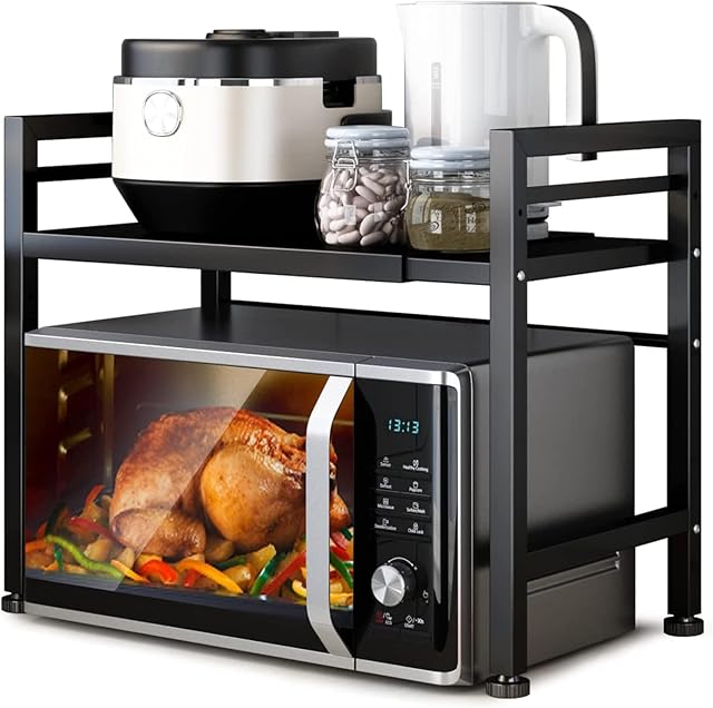 DOLALIKE Expandable Microwave Oven Rack Stand Carbon Steel Over Microwave Shelf with 3 Hooks