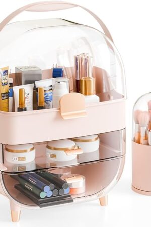 Yieach Countertop Makeup Organizer for Vanity,Large Capacity Skincare Organizers With Drawers and Makeup Brush Holder,Cosmetic Display Cases with Clear Cover for Bathroom,Dresser,Beauty Product,Pink