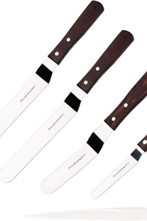 4 PCS Cake Decorating Icing Spatula set with 4, 6, 8 & 10 Inch Stainless Steel Blade, Wood Handle Frosting Spatulas and Cake Stripping Tool