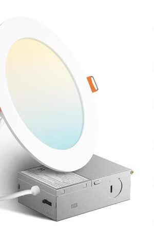Amico 6 Pack 6 Inch 5CCT Ultra-Thin LED Recessed Ceiling Light with Metal Junction Box, 2700K-5000K Selectable, 12W Eqv 110W, Dimmable Canless Wafer Downlight with Plastic Trim, 1050 Lumens -ETL&FCC