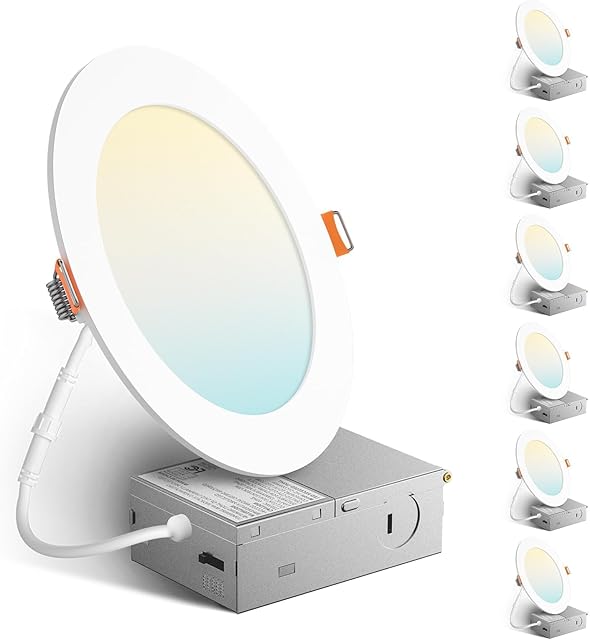 Amico 6 Pack 6 Inch 5CCT Ultra-Thin LED Recessed Ceiling Light with Metal Junction Box, 2700K-5000K Selectable, 12W Eqv 110W, Dimmable Canless Wafer Downlight with Plastic Trim, 1050 Lumens -ETL&FCC