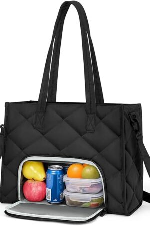 ZOMFELT Lunch Tote Bag for Women, 15.6 Inch Puffer Laptop Lunch Bag, Quilted Large Work Tote Bag with Insulated Lunch Compartment, Womens Lunch Bags for Work, Travel, Nurse, Teacher, Camping, Black