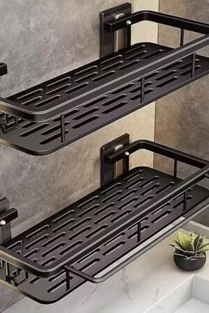 EVALAND Aluminum Shower Caddy, Adhesive Shower Shelves, 2-Pack with Hooks and Rod for Towels, No Drill Wall Mount Rustproof Premium Organizer for Bathroom, Kitchen, Black
