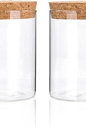 Airtight Glass Storage Containers with cork Lid, for Kitchen Pantry Organization and Storage jar，Ideal for Coffee Beans Snacks Flour Cereal Sugar Tea 16oz. (Circular 3.9 * 3.3in*2pcs)